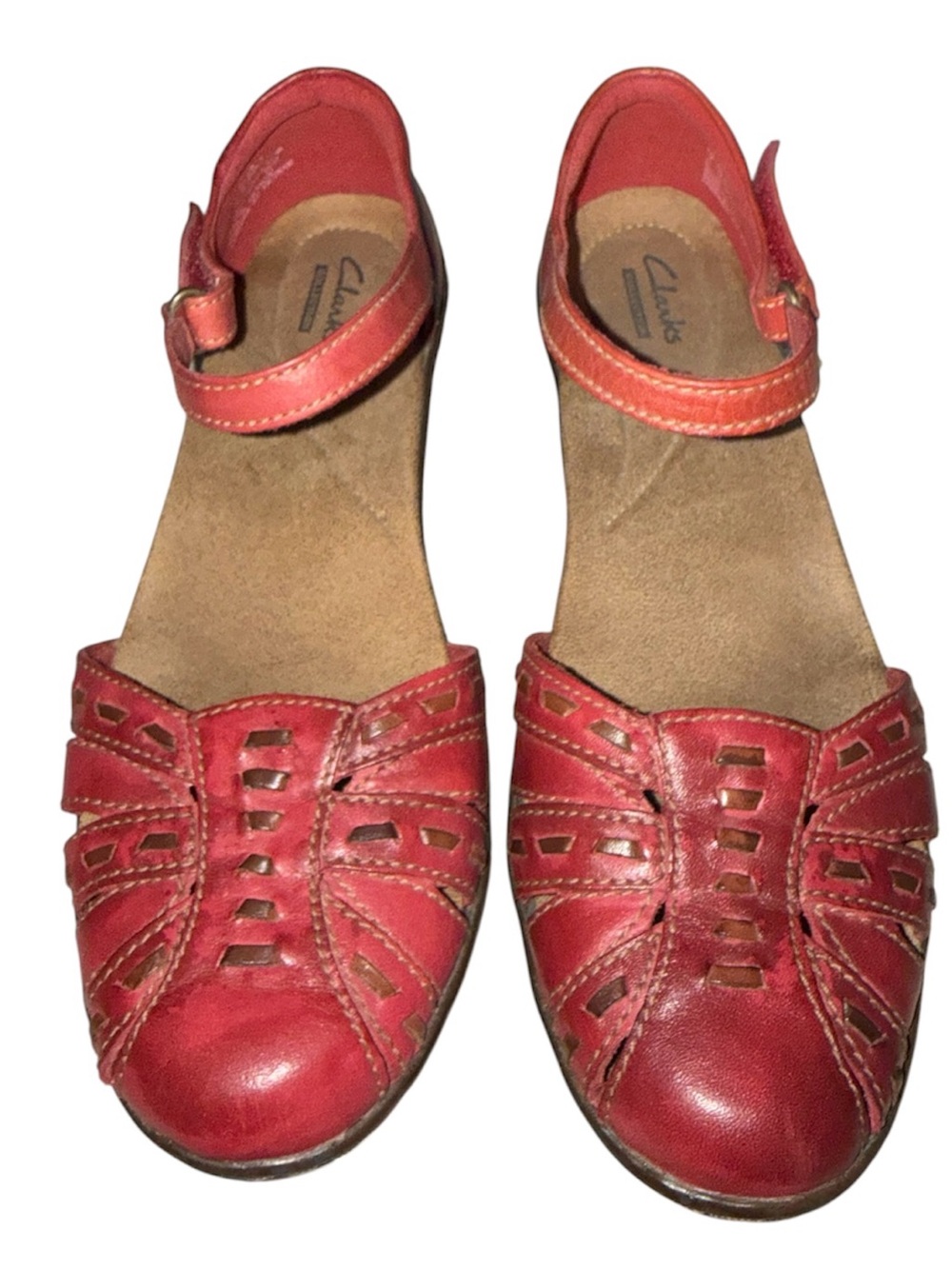 Clarks Red Leather Women's Closed-Toe Sandal Mules with Ankle Strap💕